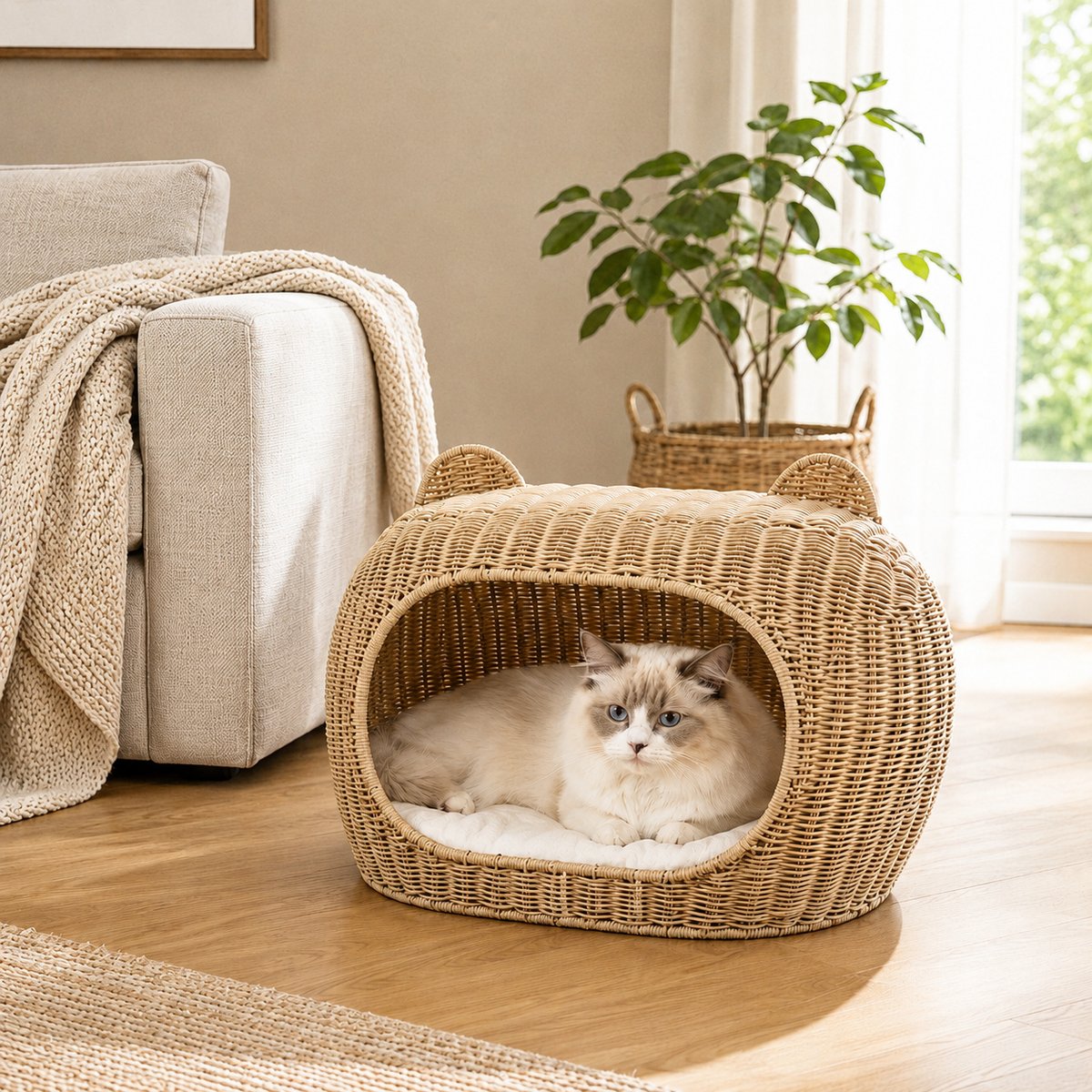 NonoPets Heavy-Duty Enclosed Condo Premium Hand-Woven Rattan Cave Chew Resistant Bolster Cat Bed, 21.7 x 14.2 x 15-in
