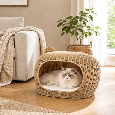 NonoPets NonoPets Heavy-Duty Enclosed Condo Premium Hand-Woven Rattan Cave Chew Resistant Bolster Cat Bed, 21.7 x 14.2 x 15-in