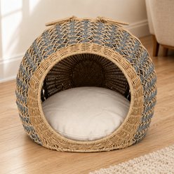 NonoPets Heavy-Duty Enclosed Dome Hideaway Condo Premium Hand-Woven Rattan Cave Chew Resistant Bolster Cat Bed, 19.3 x 19.3 x 15.8-in