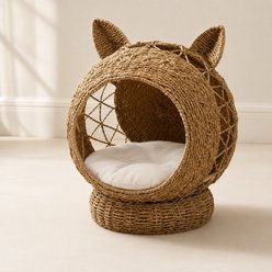 NonoPets Heavy-Duty Natural Jute Rope Dome Nest Condo with Plush Cushion Premium Elevated Woven Cave Chew Resistant Bolster Cat Bed, 17.3 x 15.7 x 20.3-in