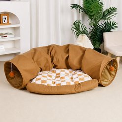NonoPets Indoor Dual Tunnel with Hanging Ball Toys & Cushioned Resting Area Covered Cat Bed, Brown
