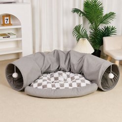 NonoPets Indoor Dual Tunnel with Hanging Ball Toys & Cushioned Resting Area Covered Cat Bed, Grey