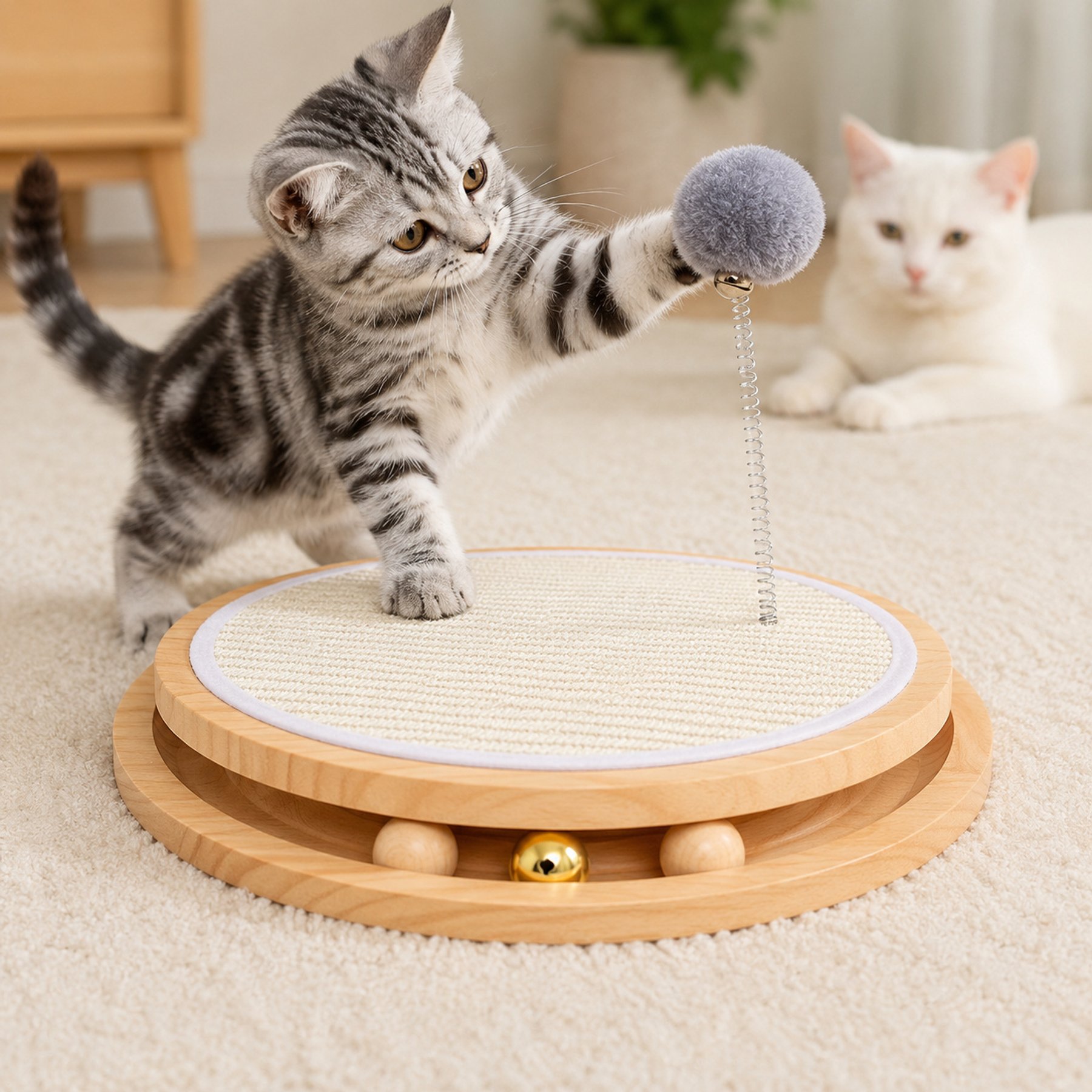NonoPets Interactive Enrichment Wooden Sisal 6.3-in Modern Cat Scratching Board with Rolling Balls