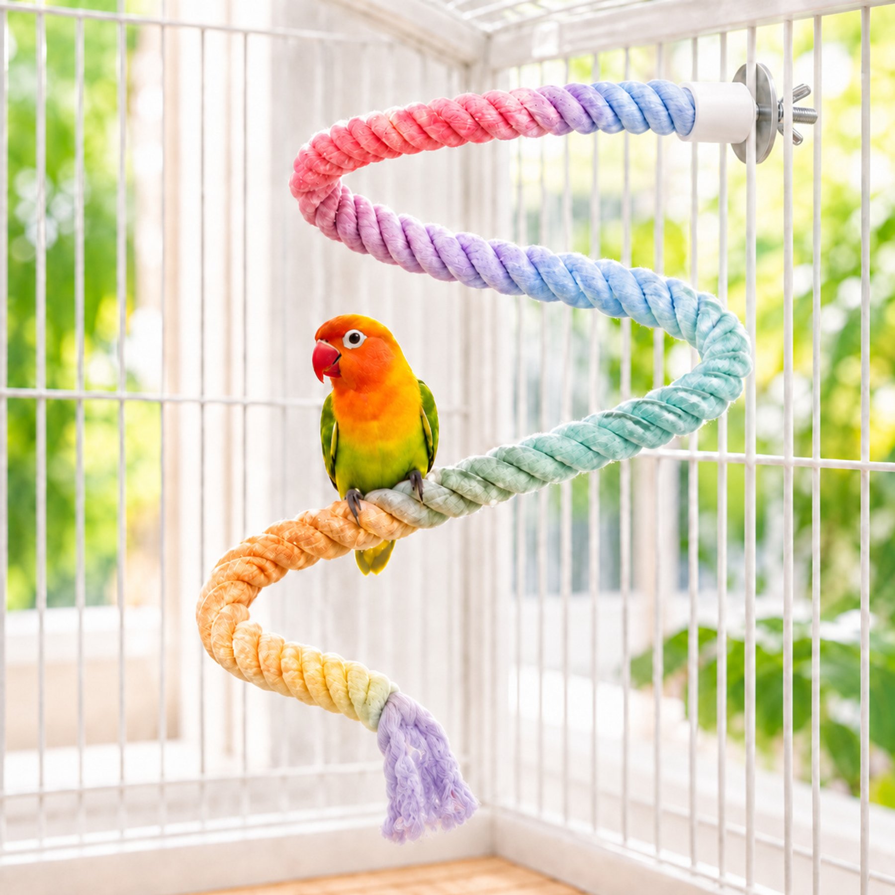 NonoPets Interactive Flexible Colorful Gradient Bungee Climbing Cotton Rope Bird Perch with Durable Steel-Core Training Stand & Exercise Toy, 60-in