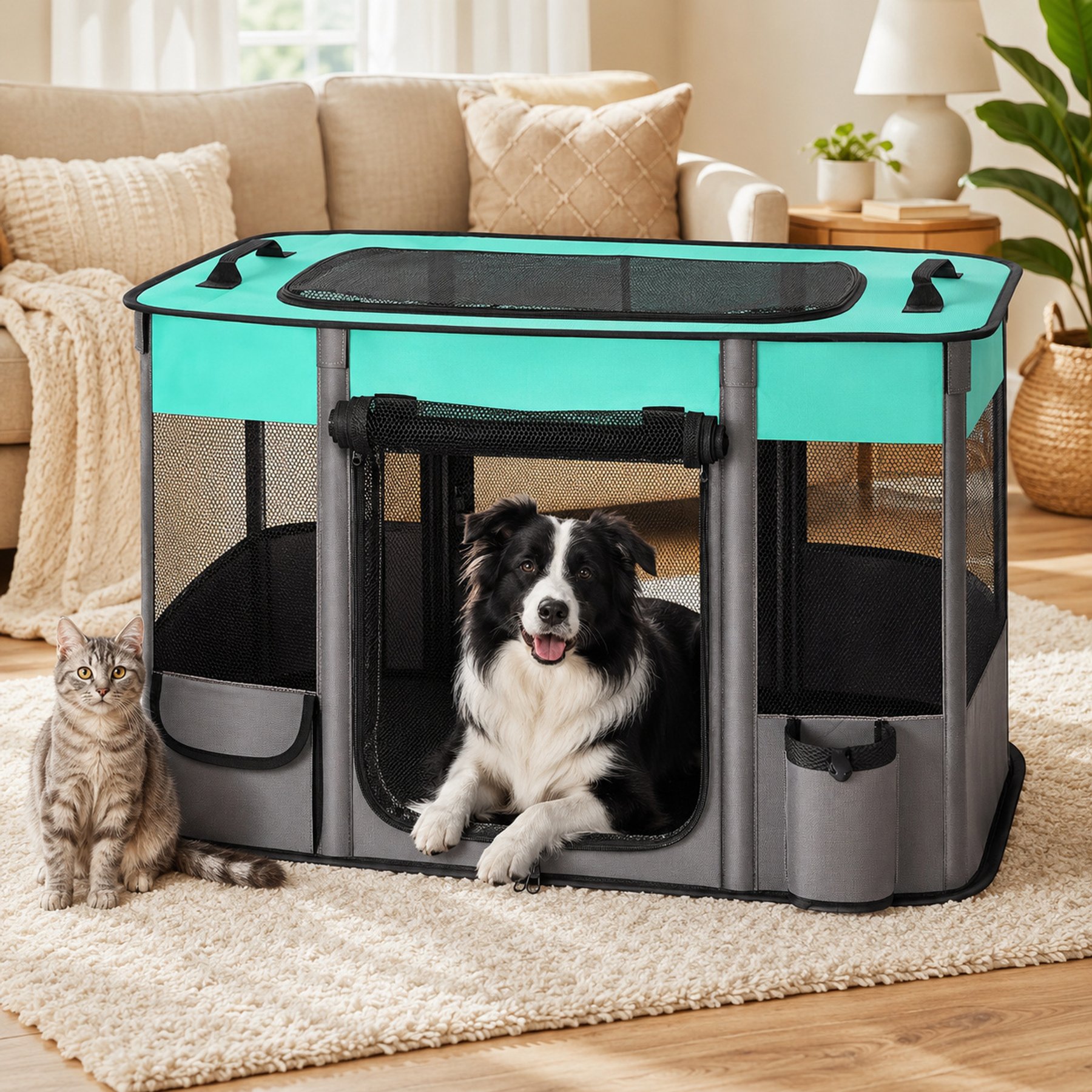 NonoPets Lightweight Foldable Tent Polyester Dog & Cat Playpen with Mesh Doors, Soft-Sided Travel Shelter, Compact Carry Storage & Indoor Rest Space, Green, Small