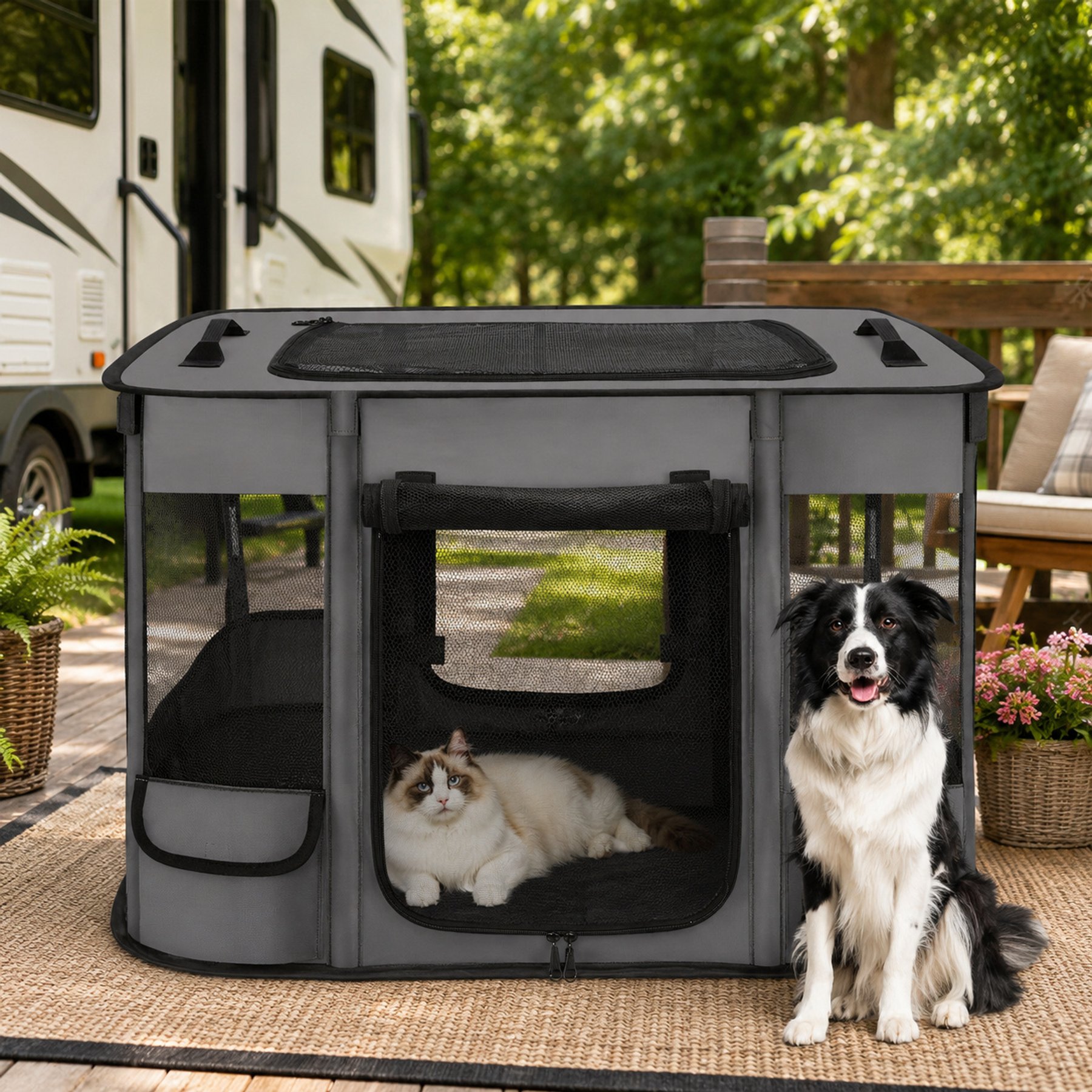 NonoPets Lightweight Foldable Tent Polyester Dog & Cat Playpen with Mesh Doors, Soft-Sided Travel Shelter, Compact Carry Storage & Indoor Rest Space, Grey, Small