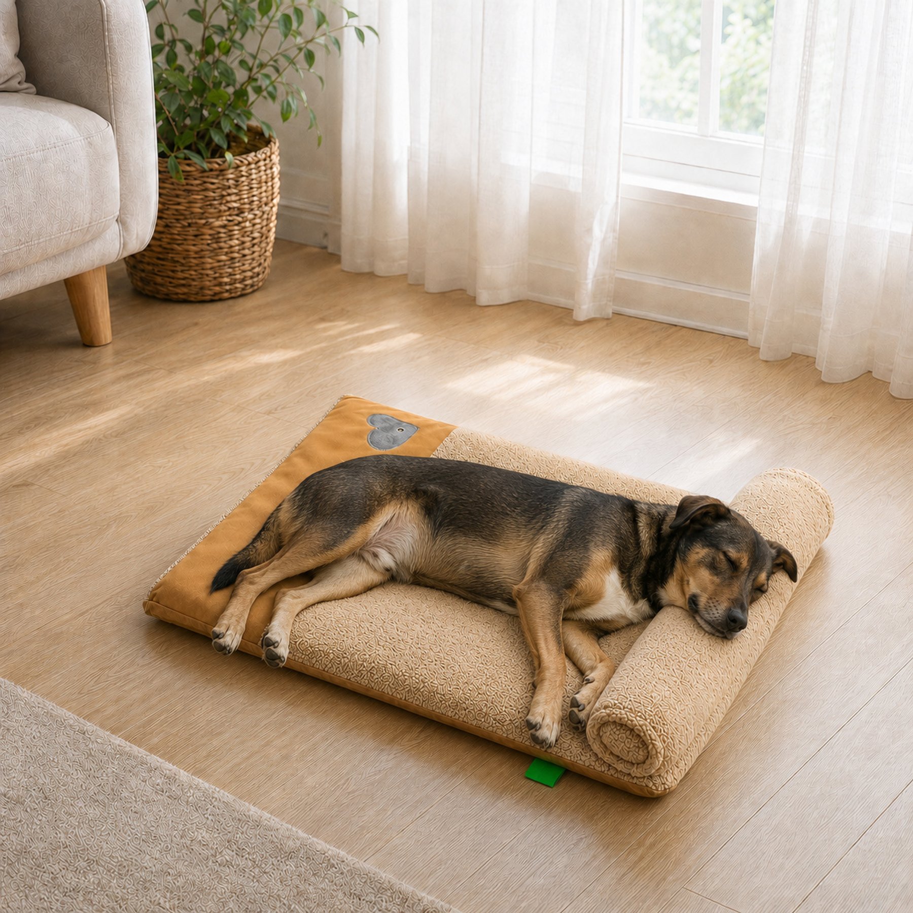 NonoPets Luxury Orthopedic Lambswool High-Resiliency Egg-Crate Foam Mat Dog Daybed with Integrated 6-in Spine-Protection Pillow, Beige, Large