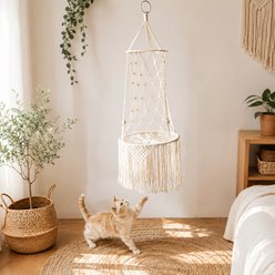 NonoPets Macrame Hanging Hammock Boho Rope Swing Cat Bed with Plush Cushion, Small slide 2 of 9