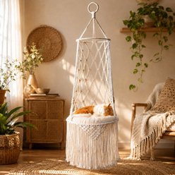 NonoPets Macrame Hanging Hammock Boho Rope Swing Cat Bed with Plush Cushion, Small