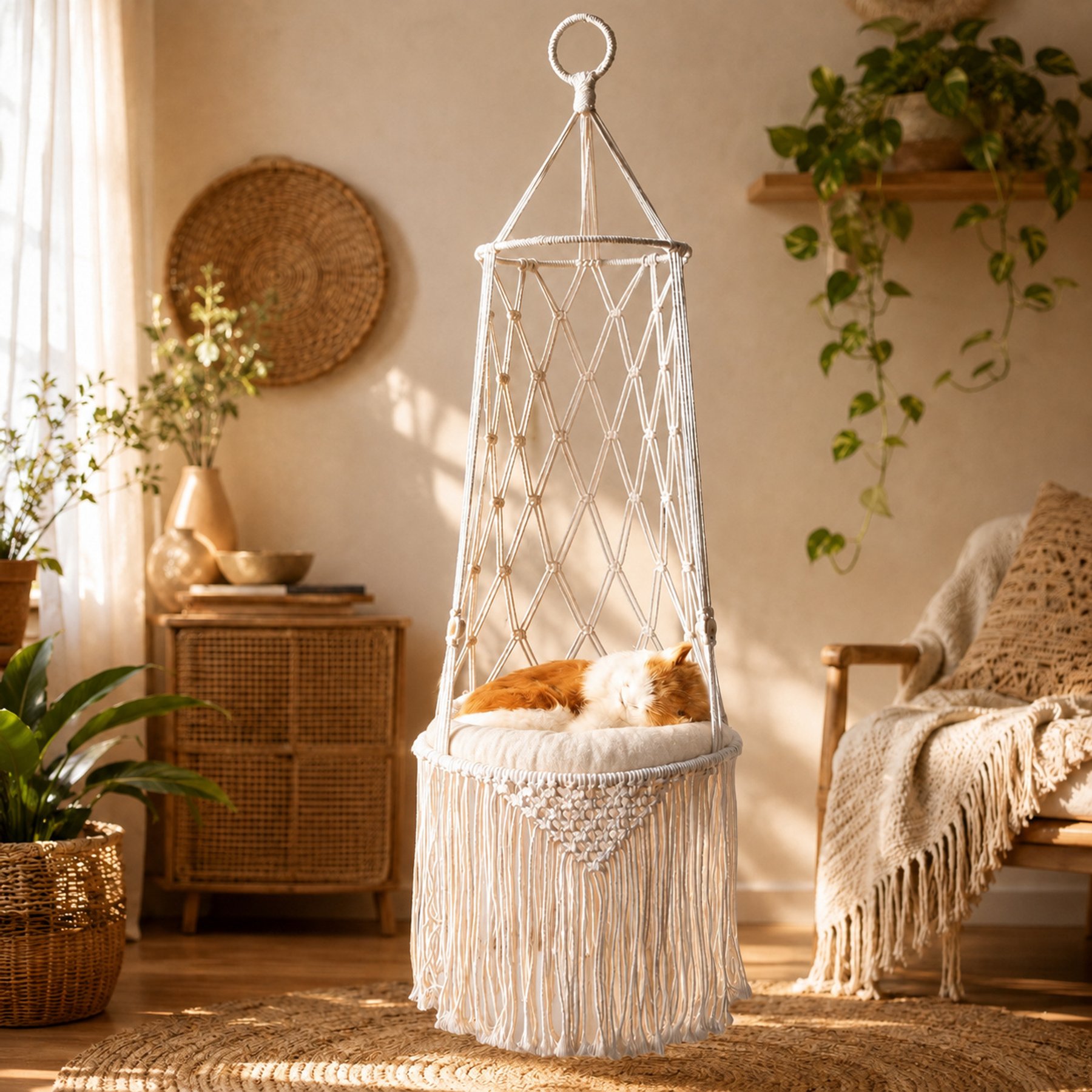 NonoPets Macrame Hanging Hammock Boho Rope Swing Cat Bed with Plush Cushion, Small