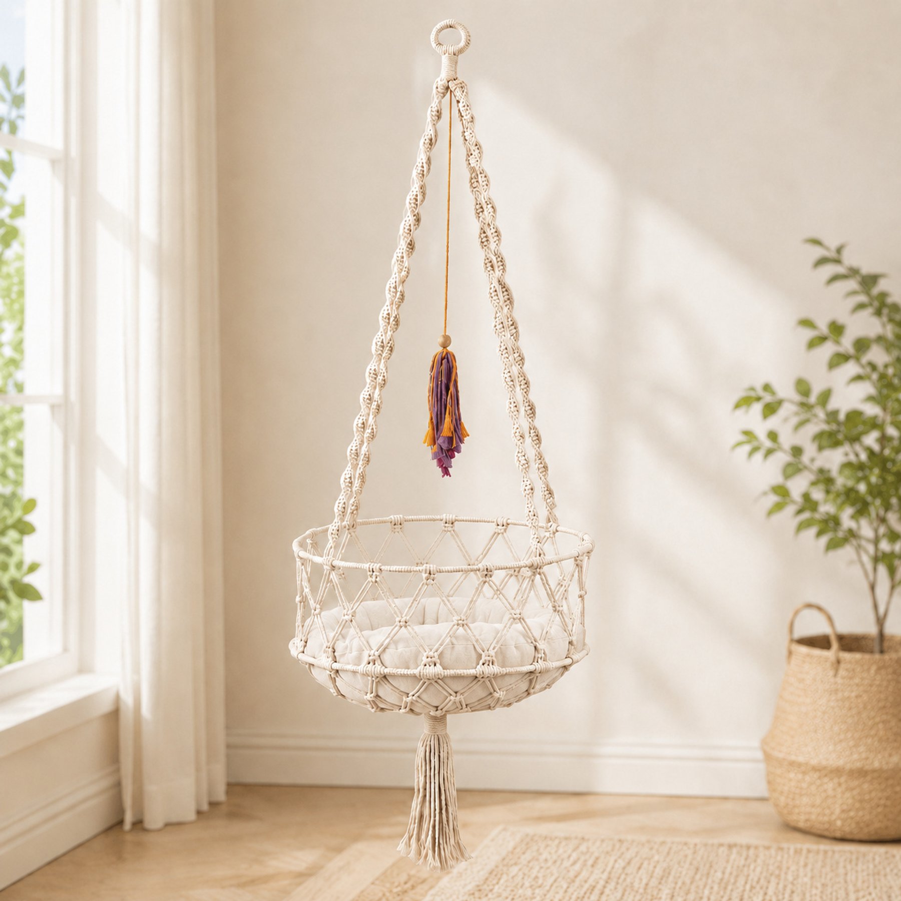 NonoPets Macrame Hanging Hammock Handwoven Cat Bed Boho Rope Swing with Cushion, Small
