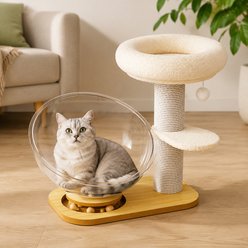NonoPets Multi-Level Solid Wood Cat Tower with Clear Acrylic Bed & Sisal Scratching Post, Beige