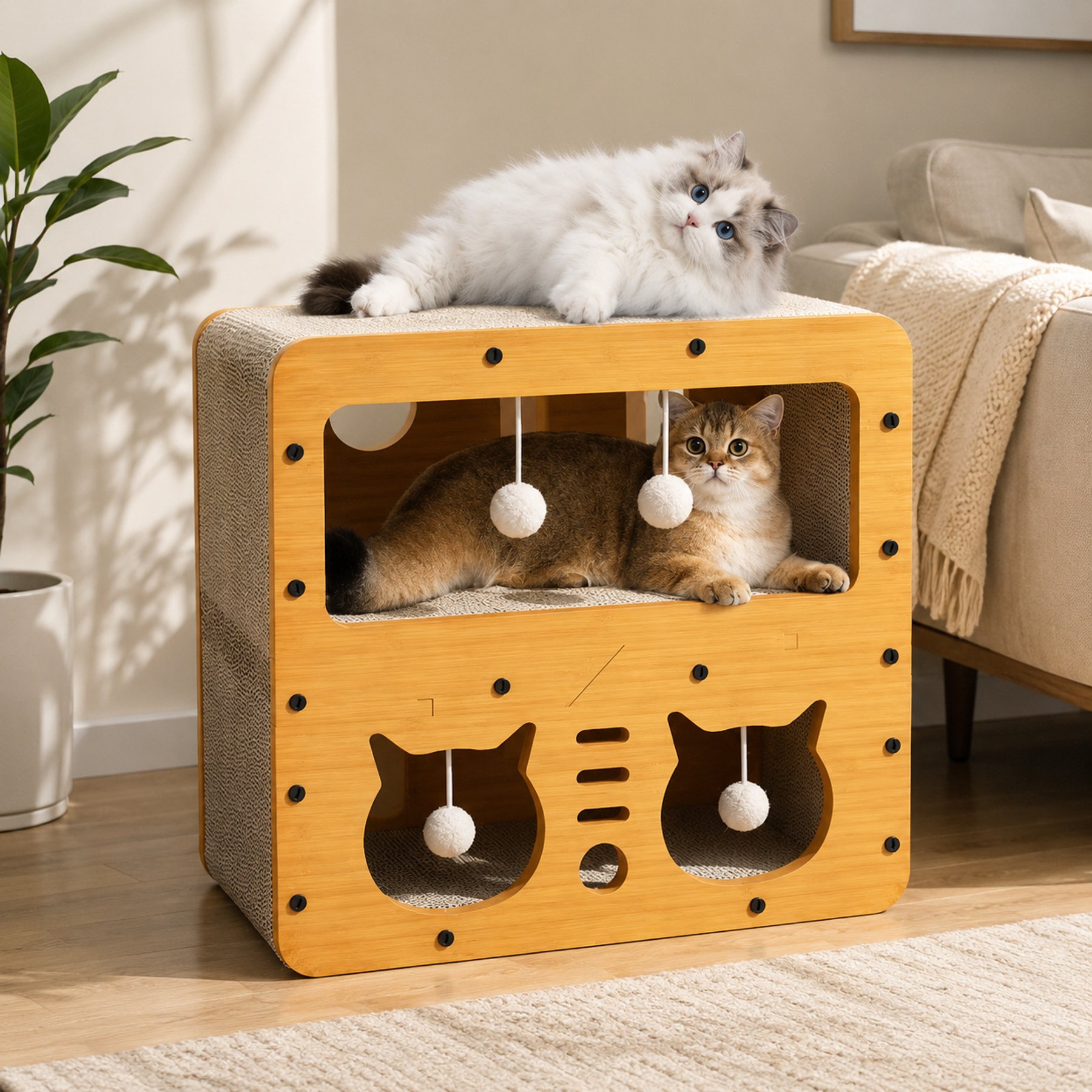 NonoPets Multi Window Condo Indoor Hideaway Interactive with Hanging Toys Modern Shelter Novelty Covered Cat House