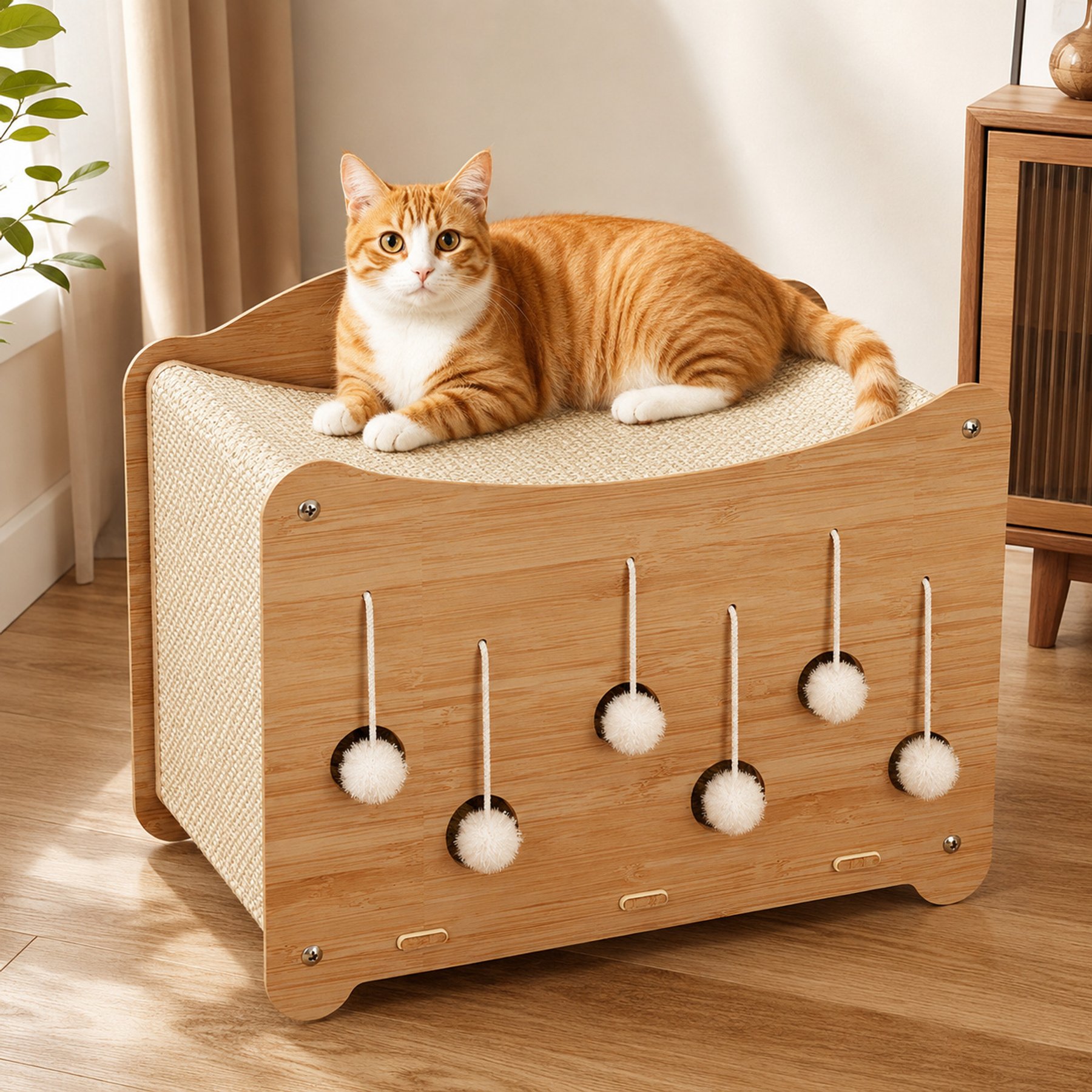 NonoPets Natural Wood Scratcher Lounge Novelty Covered Dog & Cat Bed with Hanging Pom Toys, Textured Surface & Multi-Activity Rest Frame