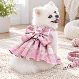 NONOPETS Plaid Dress Dog Harness & Leash Set with Bow, Pink, Large