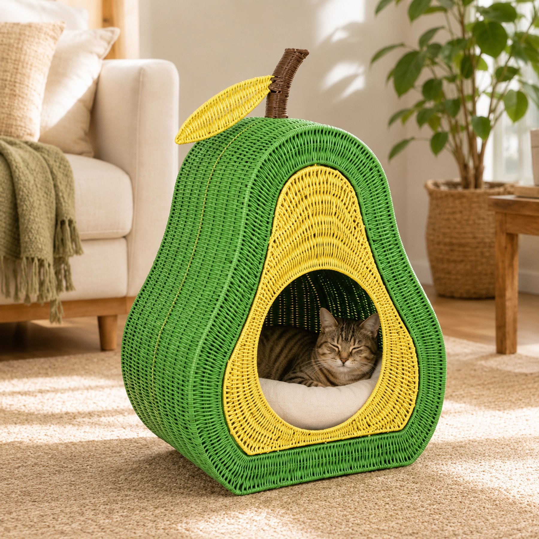 NonoPets Playful Pear-Shaped Enclosed Condo Premium Woven Rattan Cave Chew Resistant Bolster Cat Bed, 19.1 x 13 x 25.4-in