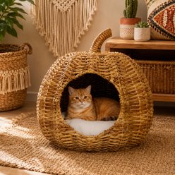 NonoPets Playful Pumpkin-Shaped Enclosed Condo Flake-Free & Breathable Premium Hand-Woven Rattan Cave Chew Resistant Bolster Cat Bed, 20.1 x 20.1 x 19.7-in