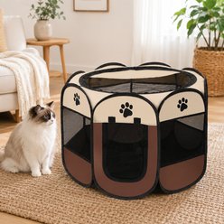 NonoPets Portable & Foldable Polyester Dog & Cat Playpen with Eight-Sided Soft Walls, Breathable Mesh Panels, Zippered Openings & Carry-Friendly Storage, Coffee, Small