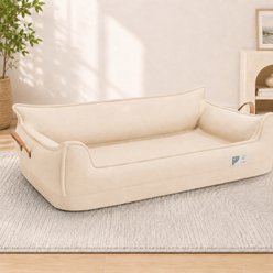 NonoPets Premium Leather Waterproof & Scratch-Resistant Orthopedic Natural Sponge Support Dog Bed with Double Handles & Removable Washable Cover, Beige, Large