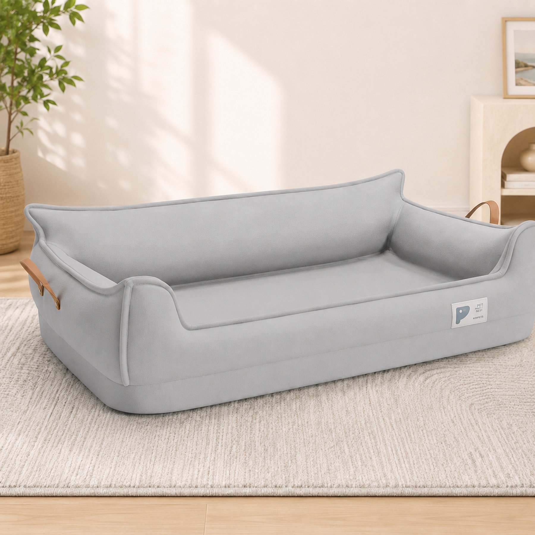 NonoPets Premium Leather Waterproof & Scratch-Resistant Orthopedic Natural Sponge Support Dog Bed with Double Handles & Removable Washable Cover, Grey, Medium