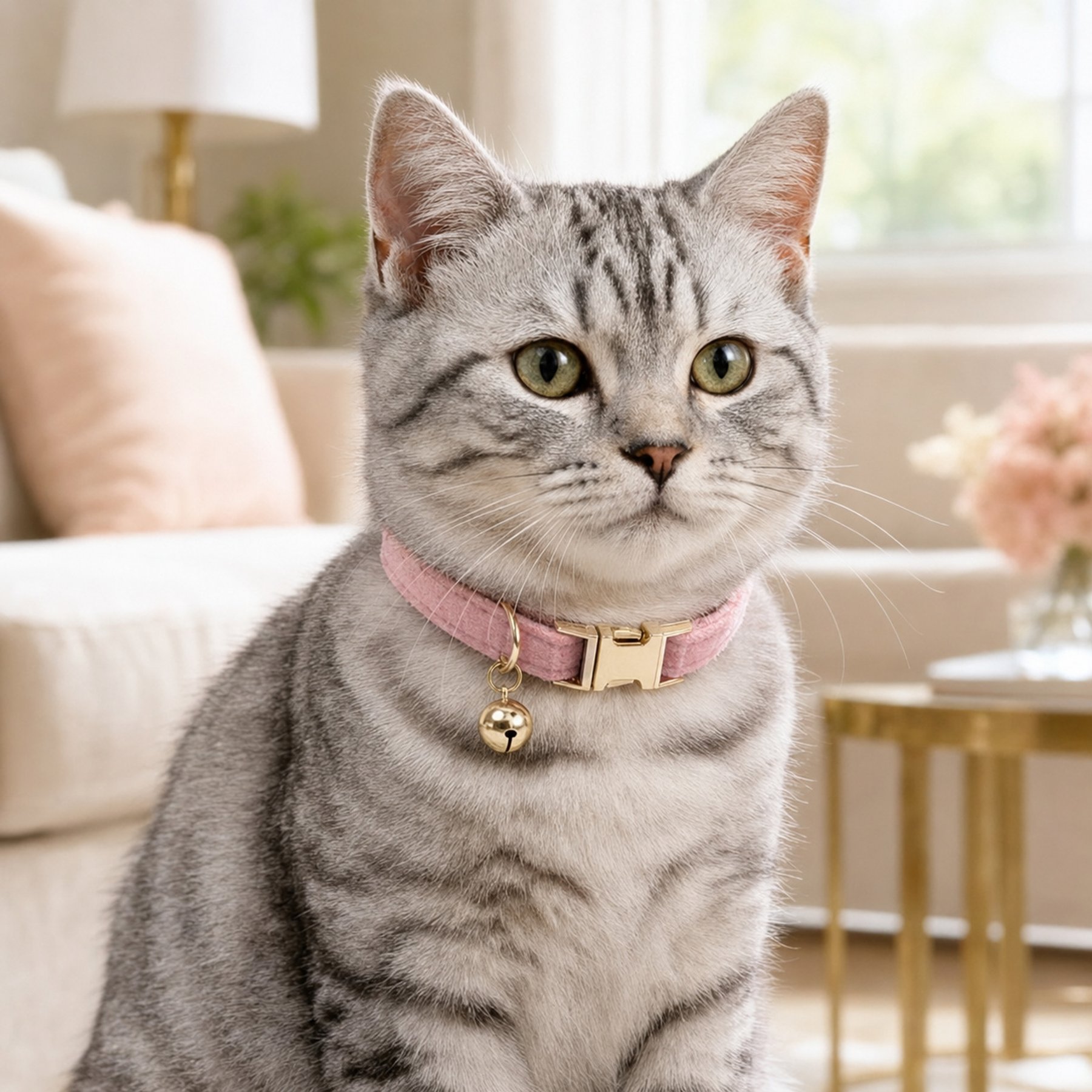 NonoPets Premium Velvet Cat Collar with Gold Bell & Safety Buckle, Pink, Small: 10-in neck, 1/2-in wide