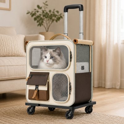 NonoPets NonoPets Professional Convertible Rolling Travel Cabin & Multi-Functional Canvas Backpack Trolley Dog & Cat Carrier, Brown