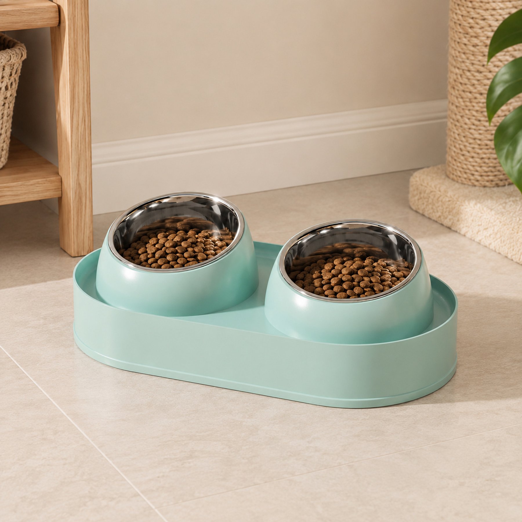 NonoPets Raised Frame Easy Clean Setup Organized Daily Food & Water Serving Double & Removable Bowl Stainless Steel Dog & Cat Feeder, Blue