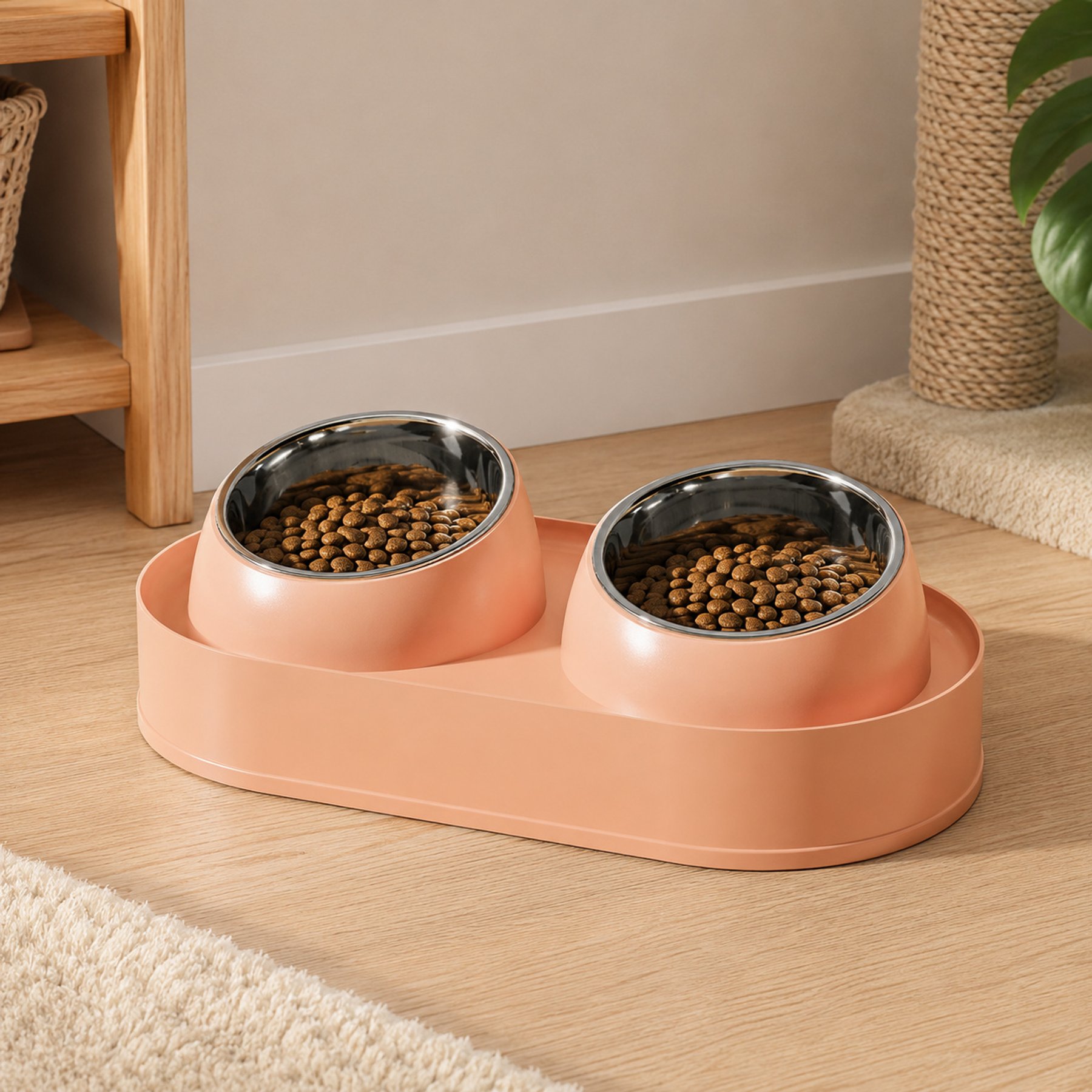 NonoPets Raised Frame Easy Clean Setup Organized Daily Food & Water Serving Double & Removable Bowl Stainless Steel Dog & Cat Feeder, Pink