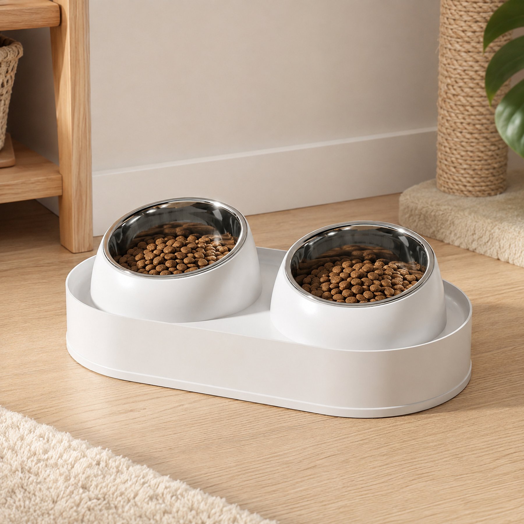 NonoPets Raised Frame Easy Clean Setup Organized Daily Food & Water Serving Double & Removable Bowl Stainless Steel Dog & Cat Feeder, White
