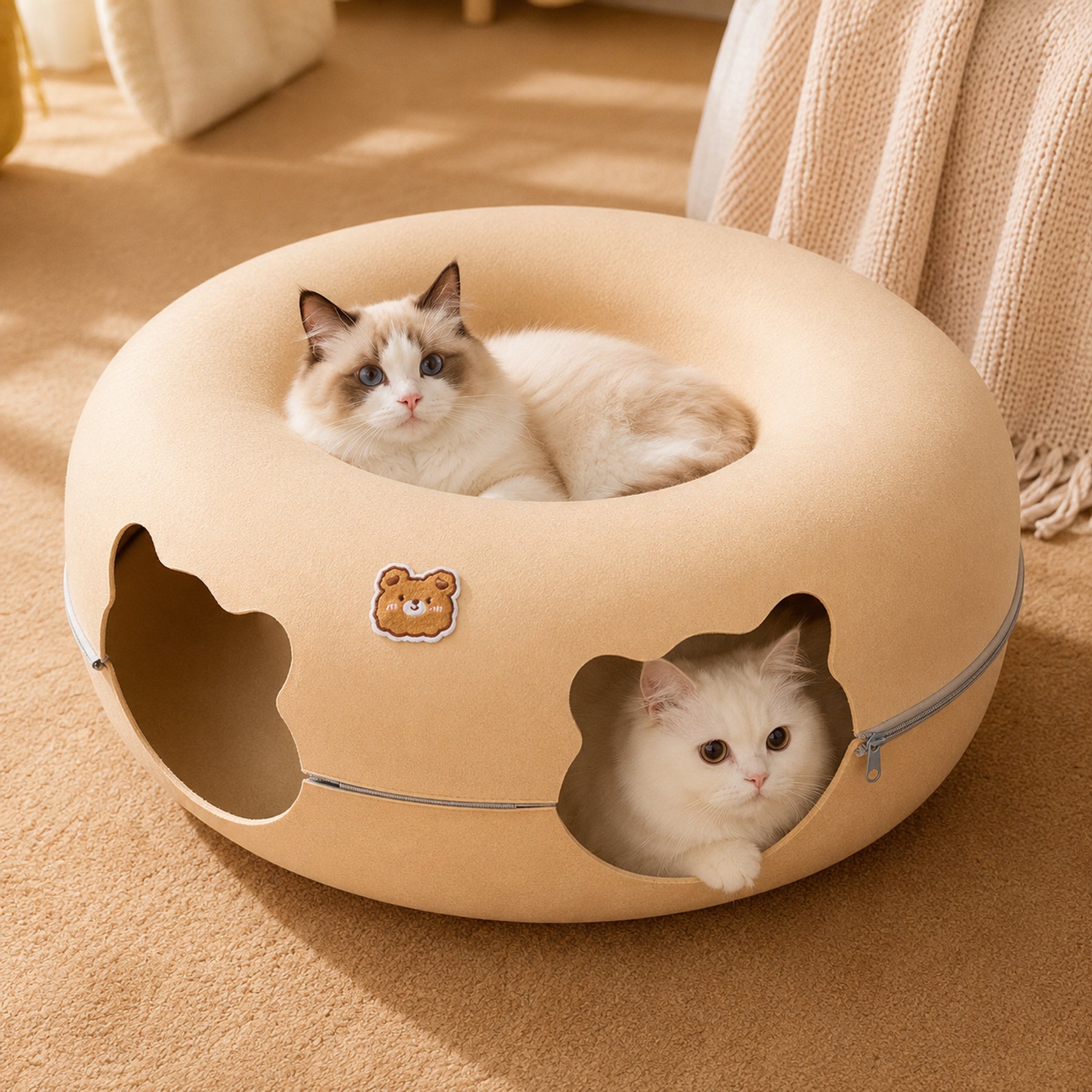 NonoPets Tunnel Donut Nest Fun Ventilation Peep Hole Detachable Zipper Cat Bed, Beige