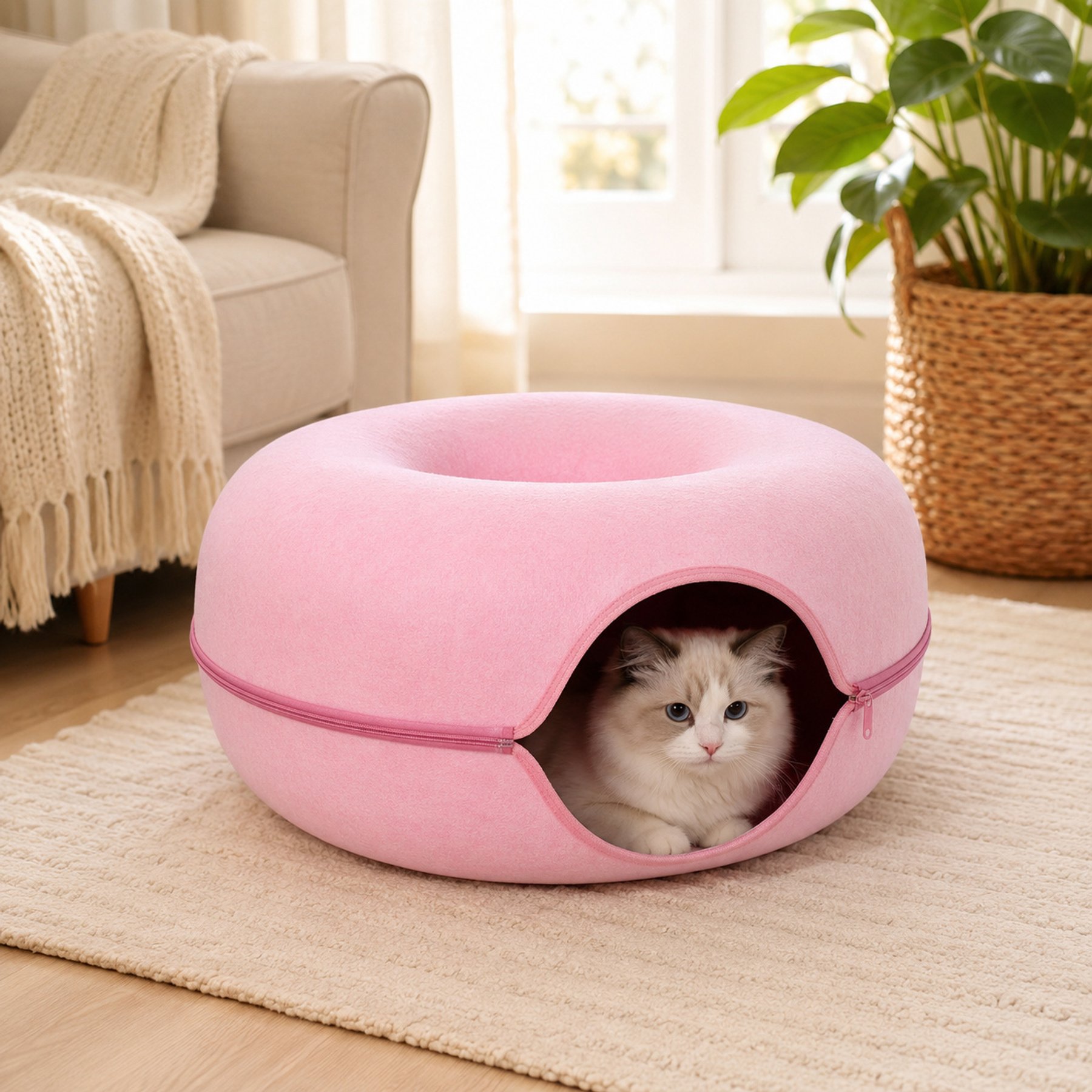 NonoPets Tunnel Donut Nest Fun Ventilation Peep Hole Detachable Zipper Cat Bed, Pink