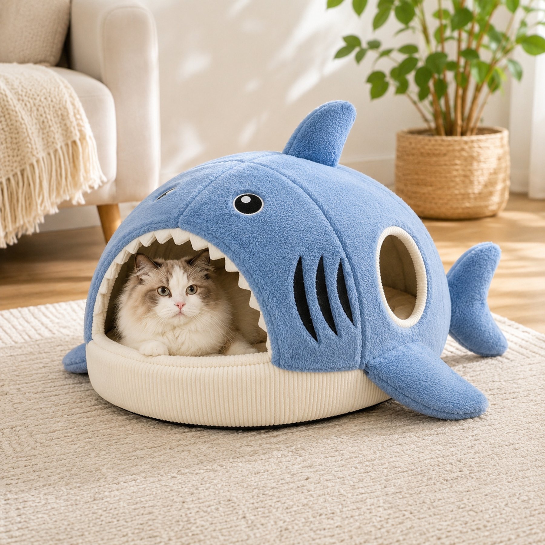 NonoPets Shark Indoor, Semi-Enclosed Plush Cave with Two Openings & Soft Interior Covered Cat Bed, Small