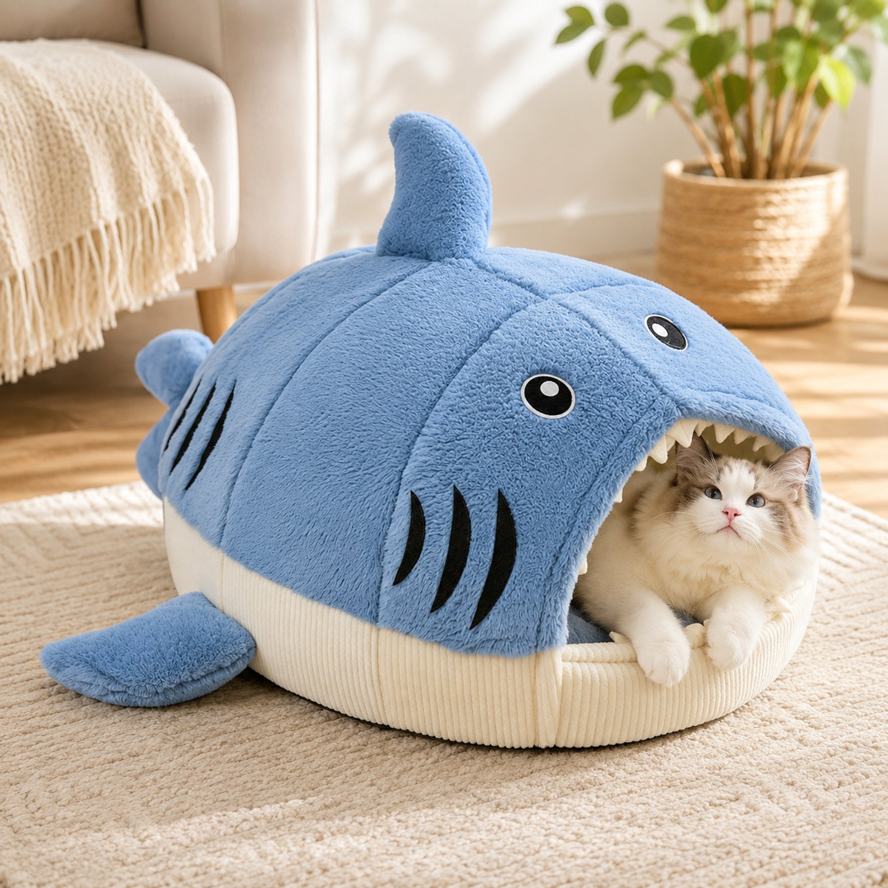 NonoPets Shark Shape Warm Covered Cat & Dog Nest Bed, Large