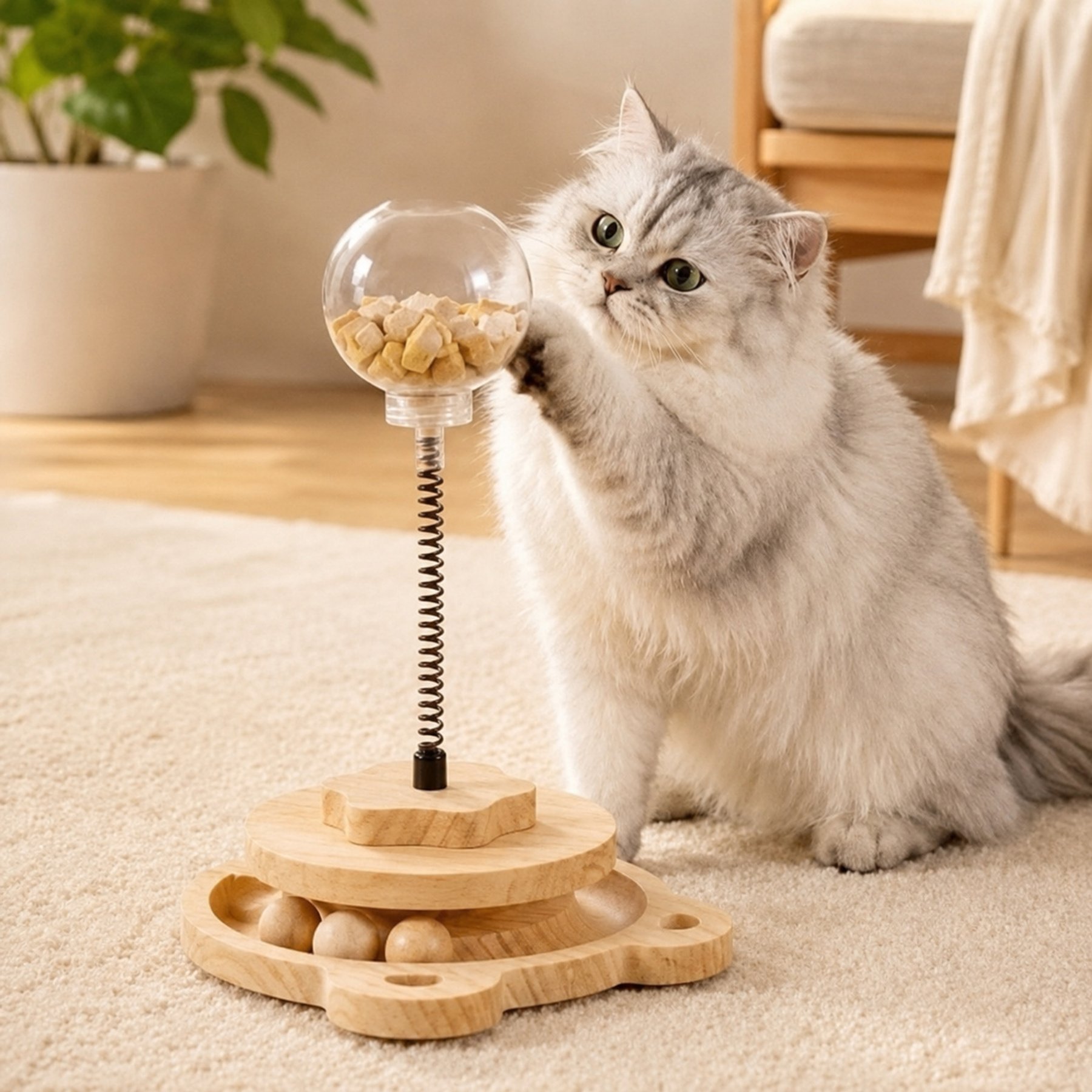 NonoPets Small Hole Interactive Wooden Treat Dispenser Cat Toy with Catnip Ball