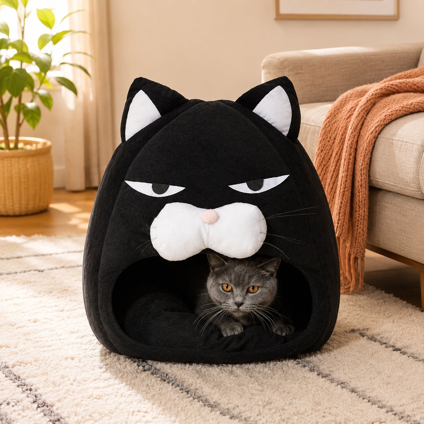 NonoPets Soft Inner Cushion Grumpy Face Shaped Enclosed Plush Hideaway Novelty Covered Dog & Cat Bed, Black, Medium