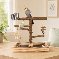 NonoPets Solid Wood Multi-Level Tabletop Activity Center with Natural Bark Perches, Hanging Shredder Toy & Interactive Bell Bird Play Gym