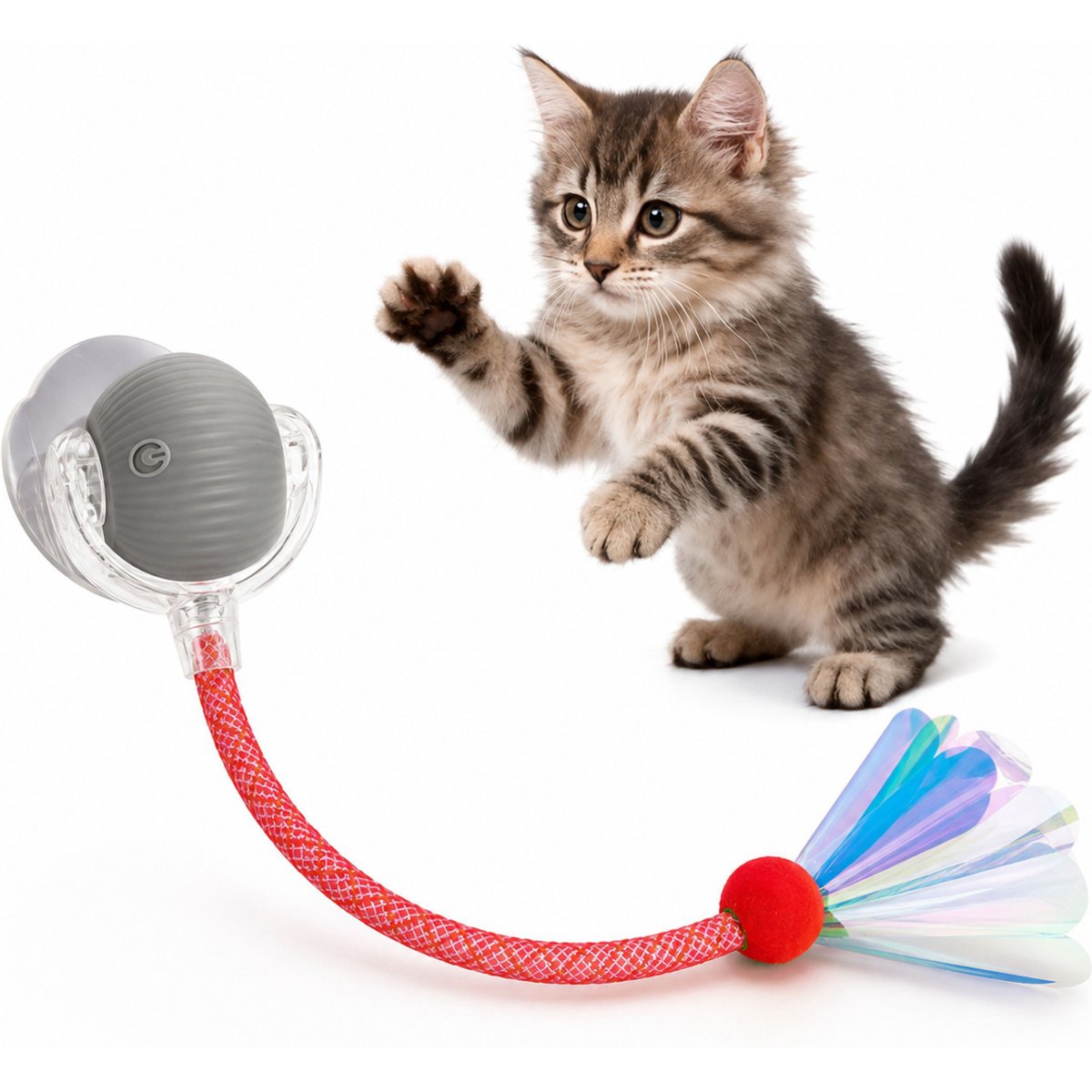 NonoPets Squeaky Ball with Feather Cat Toy, Grey