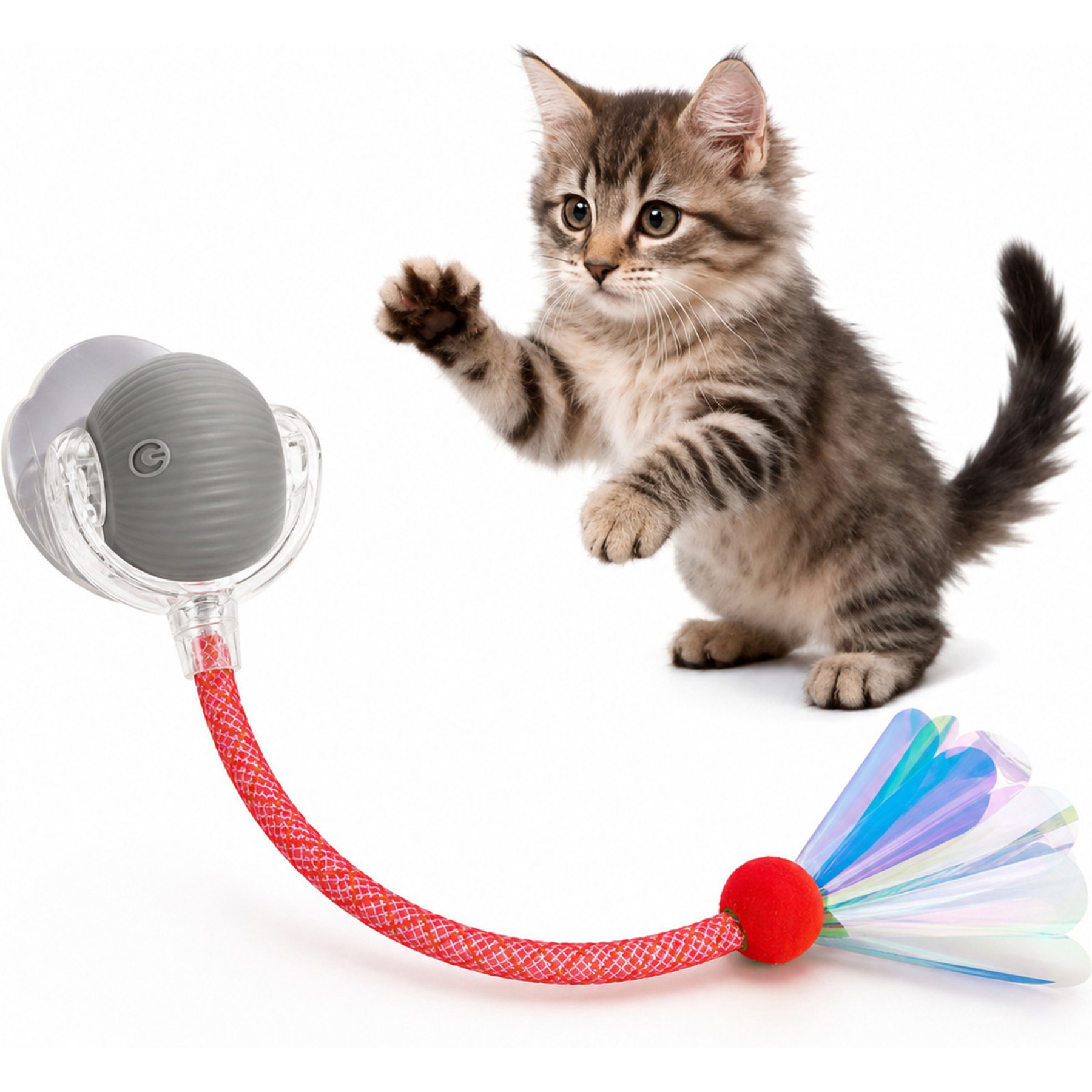 NonoPets Squeaky Ball with Feather Cat Toy, Grey