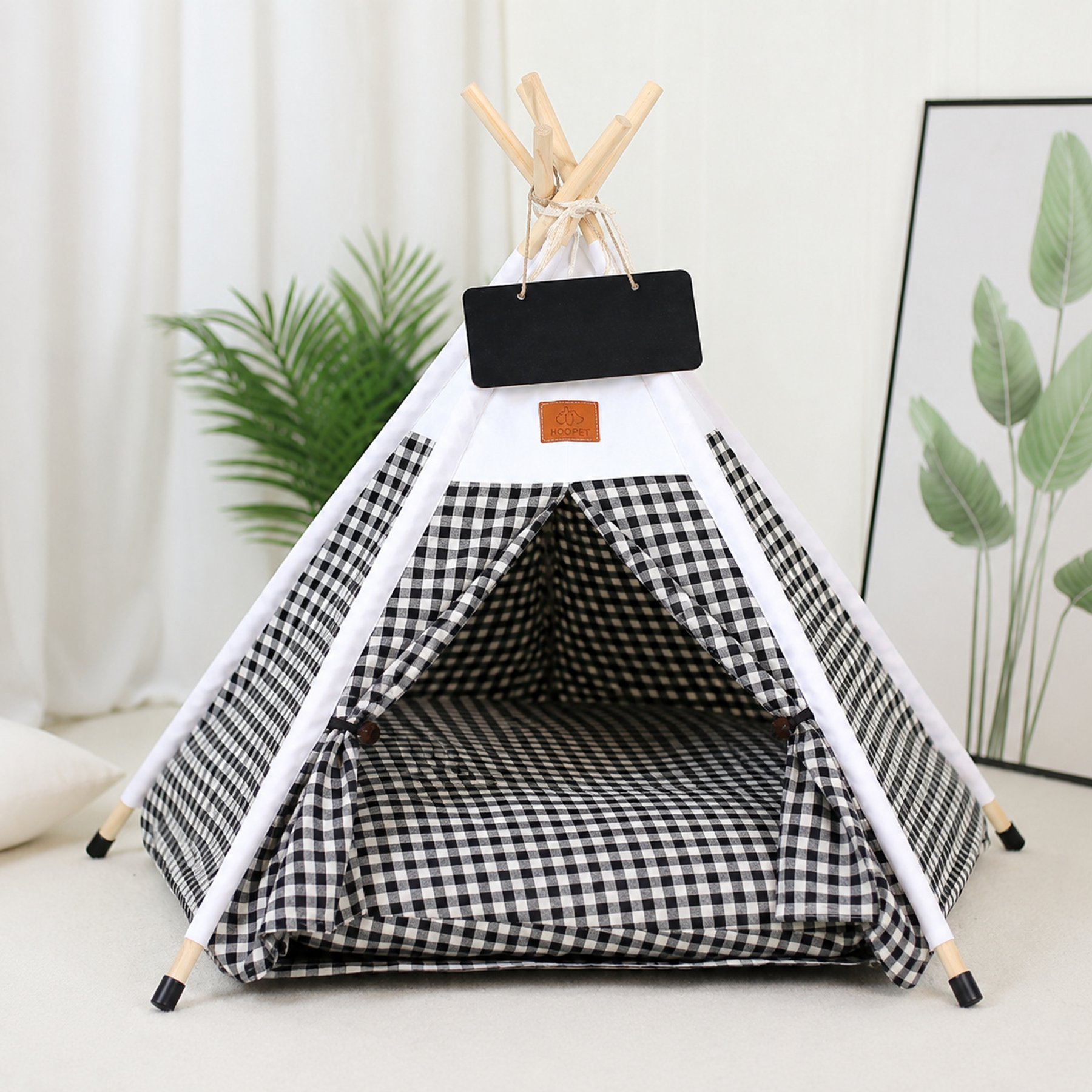 NonoPets Teepee Tent Indoor House with Cushion & Roll-Up Entrance Flap Covered Dog & Cat Bed, Black