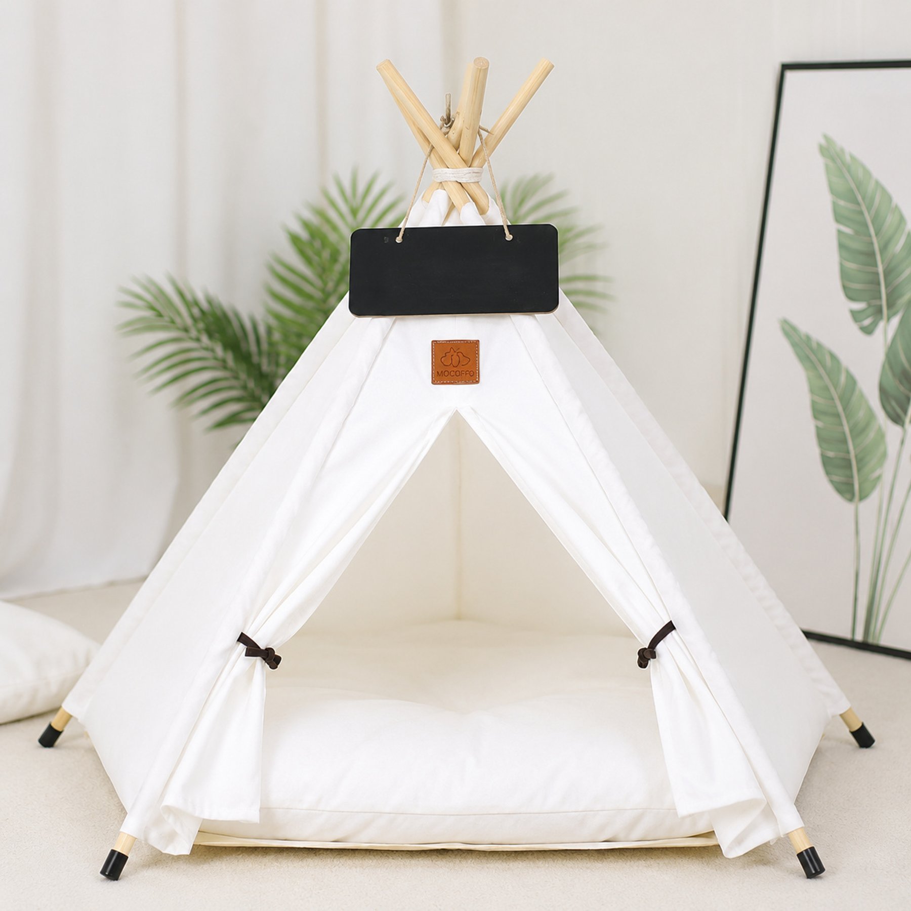 NonoPets Teepee Tent Indoor House with Cushion & Roll-Up Entrance Flap Covered Dog & Cat Bed, White