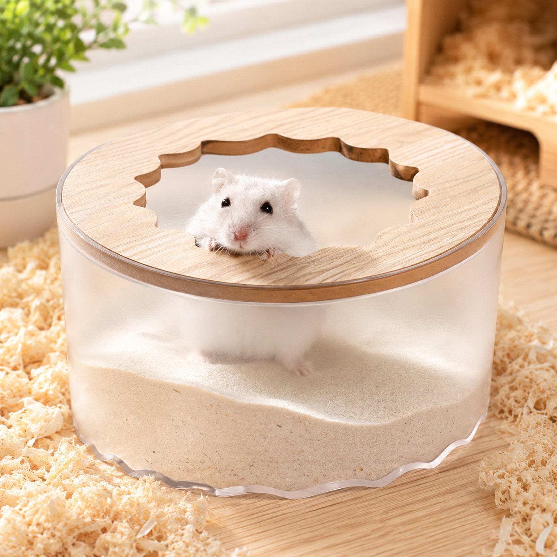 NonoPets Transparent Sand Bath Dust Bathing Box Bathroom Container Hideout with Wooden Top Opening for Hamsters Gerbils Mice & Small Pets
