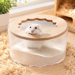 NonoPets Transparent Sand Bath Dust Bathing Box Bathroom Container Hideout with Wooden Top Opening for Hamsters Gerbils Mice & Small Pets
