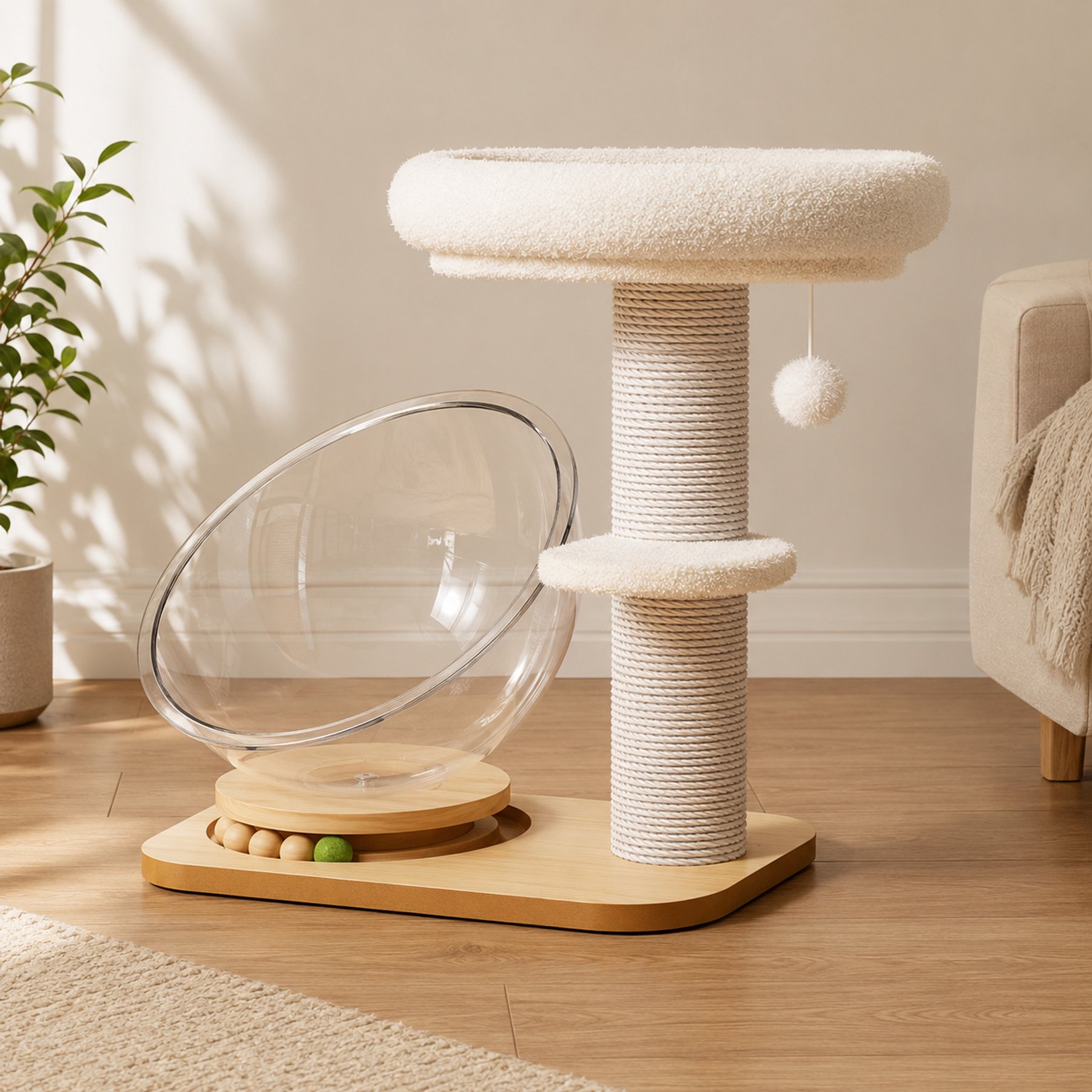 NonoPets Transparent Space Capsule Cat Lounge Bed with Solid Wood Base