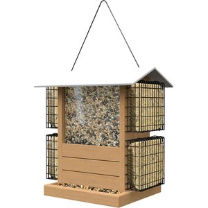 Nordic Deluxe Ranch with Teak Finish Eucalyptus Wood, White Metal Roof & 4 Suet Cages Wild Bird Feeder