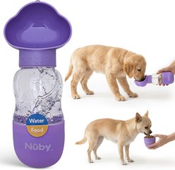 Nuby Essentials Leak Proof, Easy Carry Strap Double Plastic Dog Water Bottle & Food Container, 10-oz, Lavender