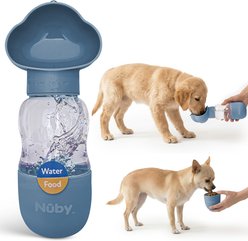 Nuby Essentials Leak Proof, Easy Carry Strap Double Plastic Dog Water Bottle & Food Container, 10-oz, Slate Blue