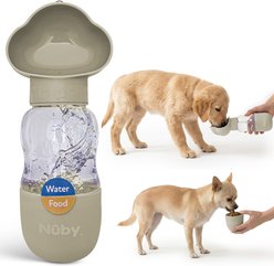 Nuby Essentials Leak Proof, Easy Carry Strap Double Plastic Dog Water Bottle & Food Container, 10-oz, Tan