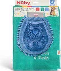 Nuby Silicone Bristles & Quick-Dry Towel, 2-in-1 Double-Sided, Ideal for Brushing Massaging Shedding Bathing & Coat Care Dog Grooming Gloves, Green