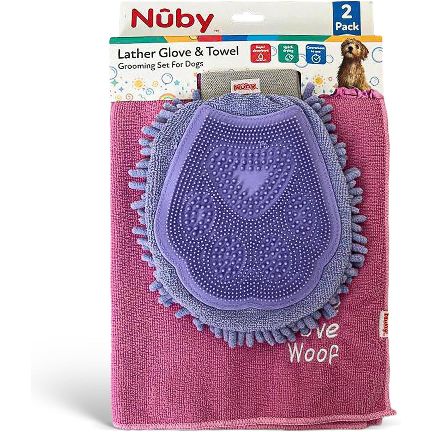 Nuby Silicone Bristles & Quick-Dry Towel, 2-in-1 Double-Sided, Ideal for Brushing Massaging Shedding Bathing & Coat Care Dog Grooming Gloves, Pink