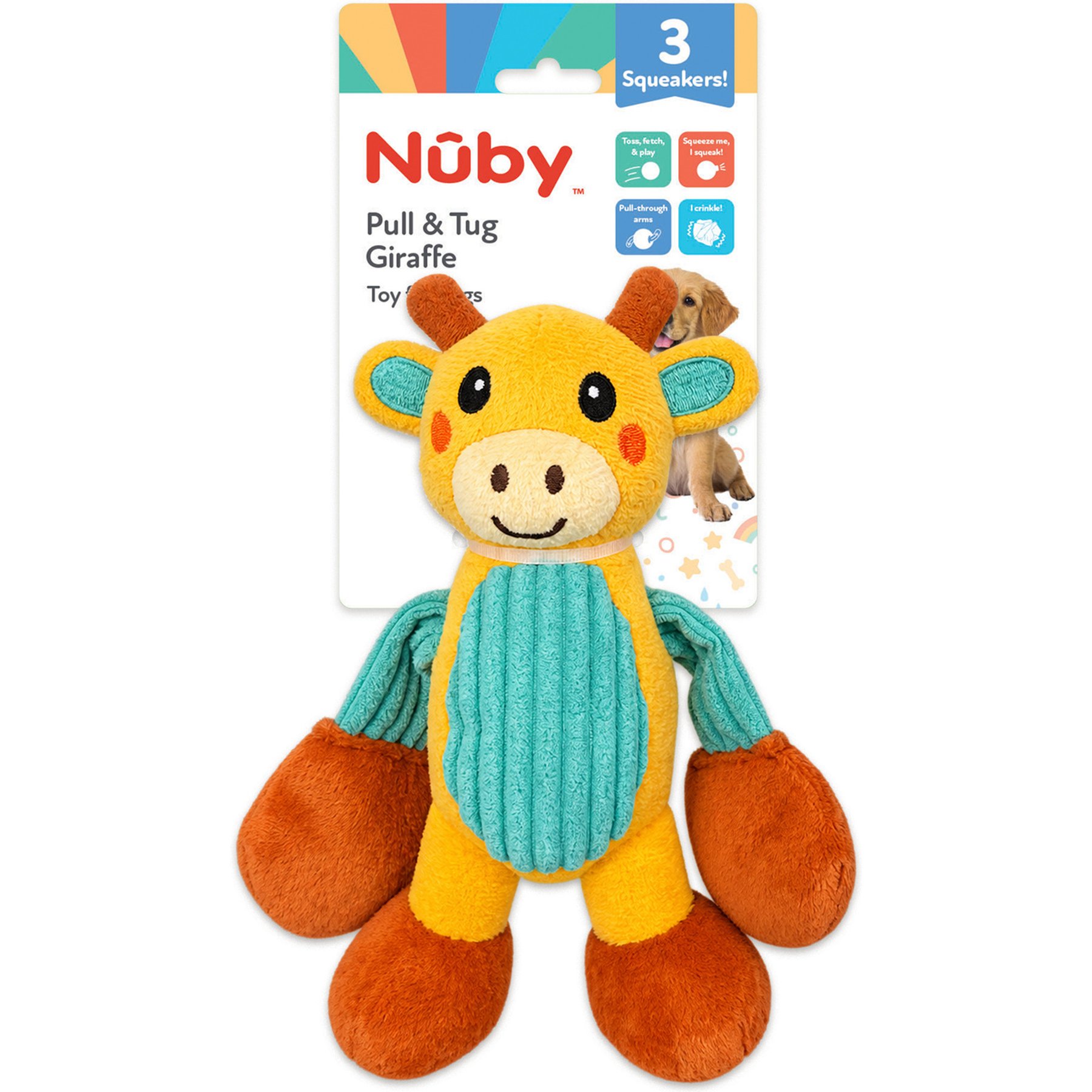 Nuby Tug Giraffe Interactive Crinkle Stuffing & Pull-Through Arms Squeaky Plush Dog Toy